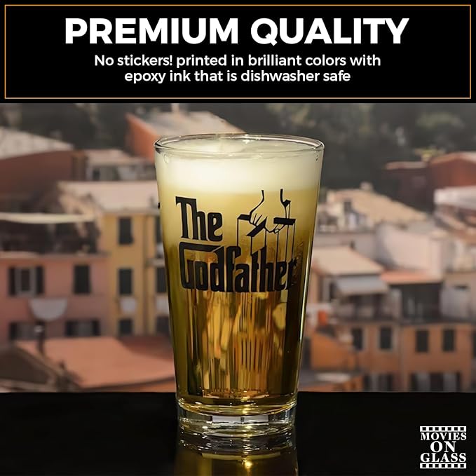 The Godfather Printed Pint Beer Glass - Officially Licensed, Premium Quality, Handcrafted Glassware, 16oz. - Perfect Collectible Gift for Movie Enthusiasts, Birthdays & Special Occasions