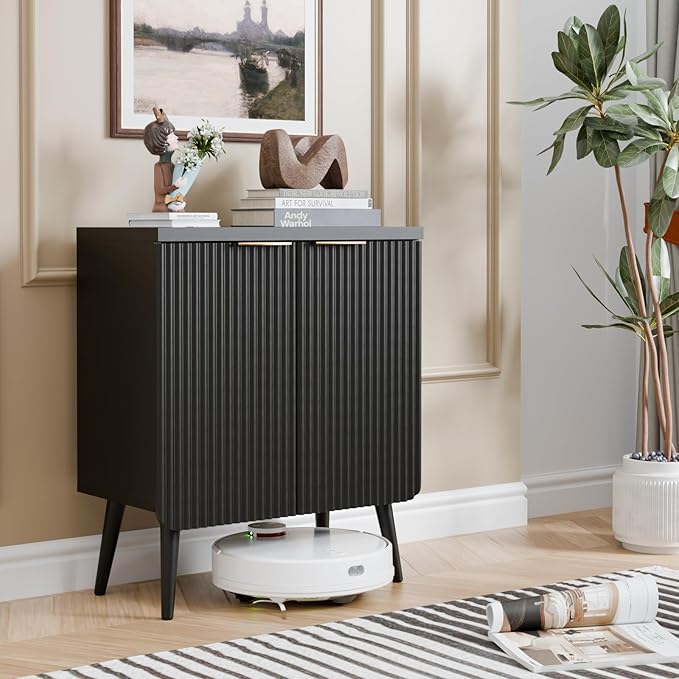 Wood Fluted Sideboard with 2 Doors, Modern Buffet Cabinet with Shelves, Multi-Space Storage Credenza Kitchen for Entryway, Dining & Living Room, Black