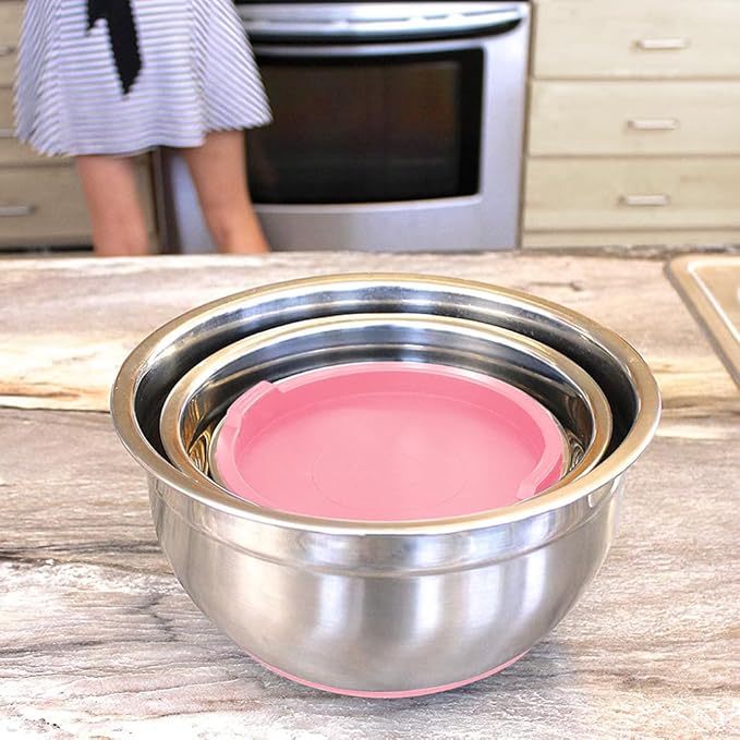Stainless Steel Mixing Bowls with Lids and Non Slip Bases (Set of 3, Pink)
