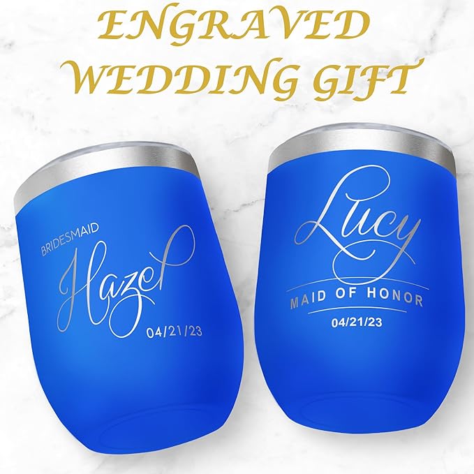 Gifts Inscribed Personalized Wine Tumbler with Lid – Blue Custom Engraved Stainless Steel Insulated Mug for Hot & Cold Drinks – Customized Bridesmaid, Wedding, or Birthday Gift