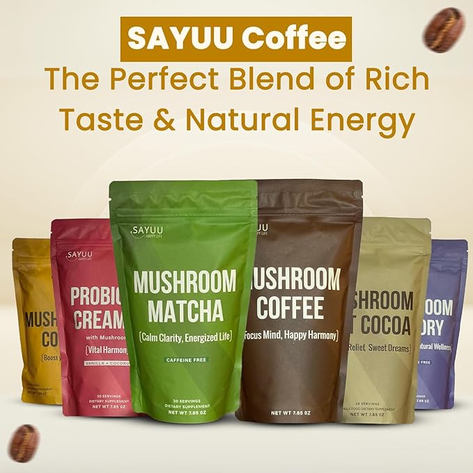 SAYUU 10 Mushroom Coffee Blend - Premium Colombian Coffee with Lion's Mane, Reishi, Cordyceps, Chaga, Maitake, Shiitake & Turkey Tail - Energy, Focus & Immune Support - Organic 40 Servings
