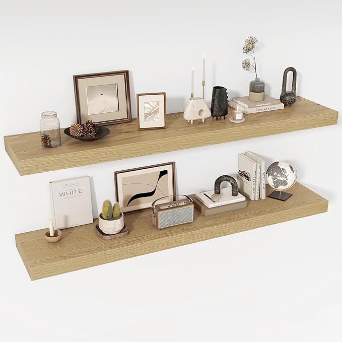 55 Inch Floating Shelves, 12" Deep Floating Shelf Wall Mounted, 55" Wall Shelves, Rustic Deep Bookshelf, Extra Deeper & Thicker Display Shelves for Bedroom, Living Room, Oak, Set of 2
