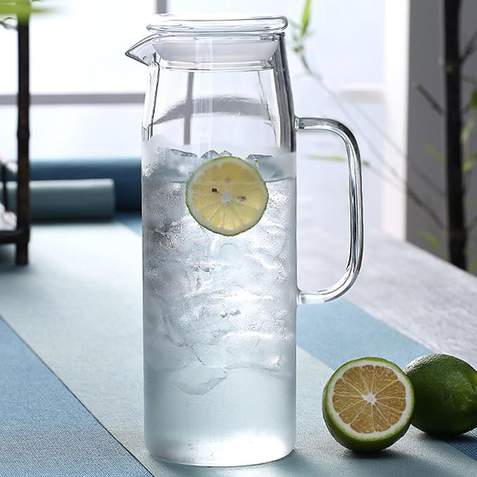 hjn Glass Water Pitcher with Lid Glass Water Carafe with Handle, Fridge Water Jug for Cold or Hot Beverages,Iced Tea,Milk,Juice 1500ml/51oz & glass lid