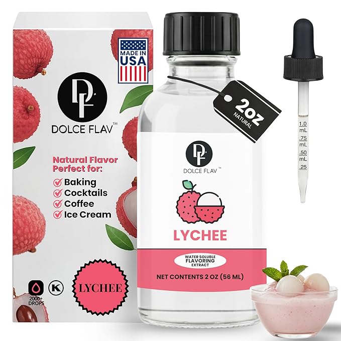 Dolce Flav Natural Lychee Extract – 2 Ounce Water-Soluble Kosher, Sugar-Free, Concentrated Exotic Lychee Flavoring for Beverages, Desserts & Baking, Includes Measured Dropper
