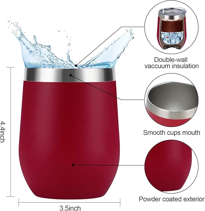6 Pack Stainless Steel Wine Tumblers, 12Oz Insulated Wine Tumbler, Double Wall Insulated Wine Glass, Stainless Steel Stemless Wine Cups with Lids for Coffee, Wine, Cocktails, Champaign, Wine Red