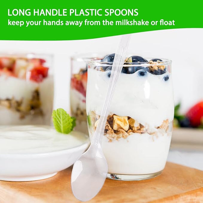 Long Clear Plastic Spoons, 50Pcs Disposable Spoons Heavy Duty Teaspoons 9 Inch Long Handle Spoon for Stirring Ice Cream Milkshakes Stirring Cocktails and Tall Iced Beverages Party Supplies