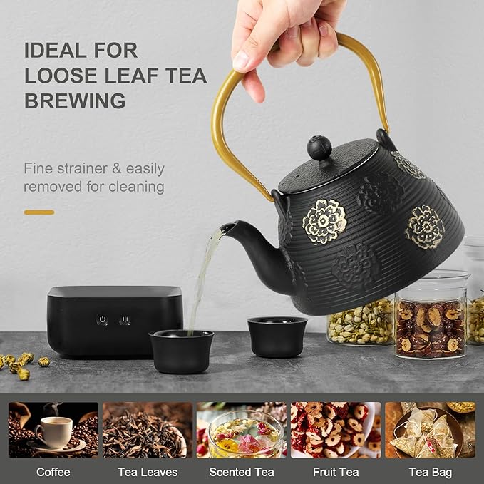 Ufine Cast Iron Teapot with Infuser for Loose Leaf Tea Japanese Style Tea Kettle for Stove Top, Enameled Interior Sakura Design (Black,40oz/1200ml)