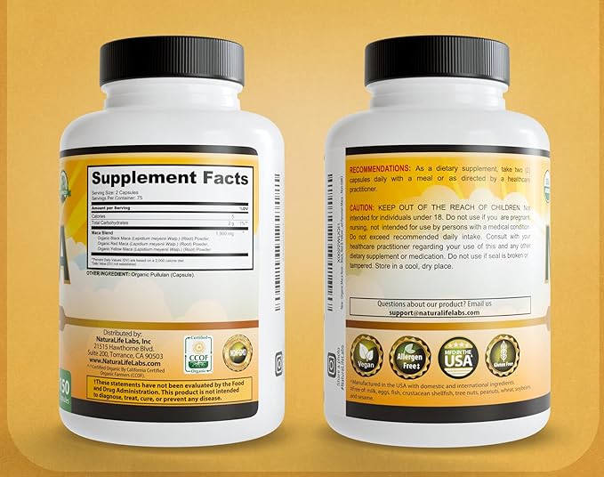 NaturaLife Labs Organic Maca Root – Black, Red & Yellow – 1900 mg per Serving – 150 Capsules – Gelatinized Peruvian Maca – Non-GMO, Gluten-Free, Vegan