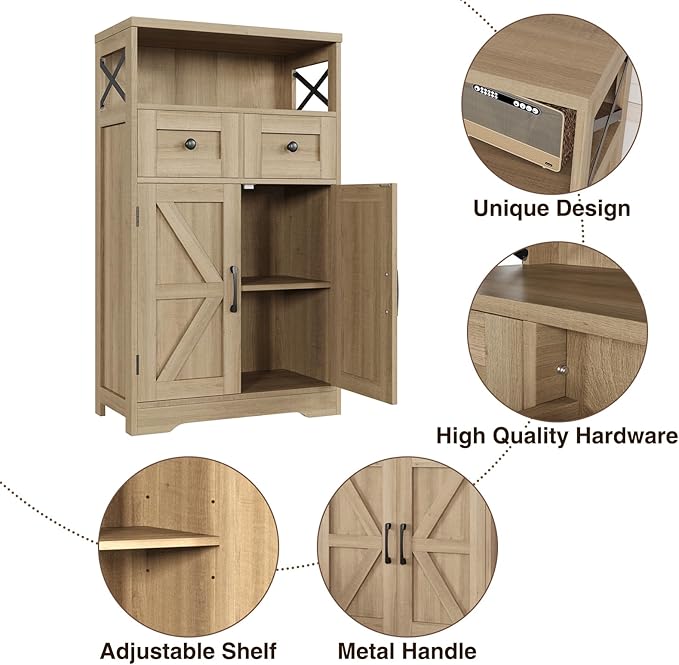 Natural Wood Storage Cabinet with Drawers and Shelves, Standing Kitchen Pantry Cabinet, Floor Storage Cabinet Hutch Cupboard, Coffee Bar Station for Dining Living Room Home Office