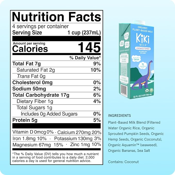 Kiki Milk Plant Based Milk - Organic Unsweetened Kiki Milk - Calcium & Magnesium Source - Gluten Free, Gum Free, GMO Free, Dairy Free, Soy Free, Glyphosate Free - Shelf Stable - (32 oz • Pack of 6)