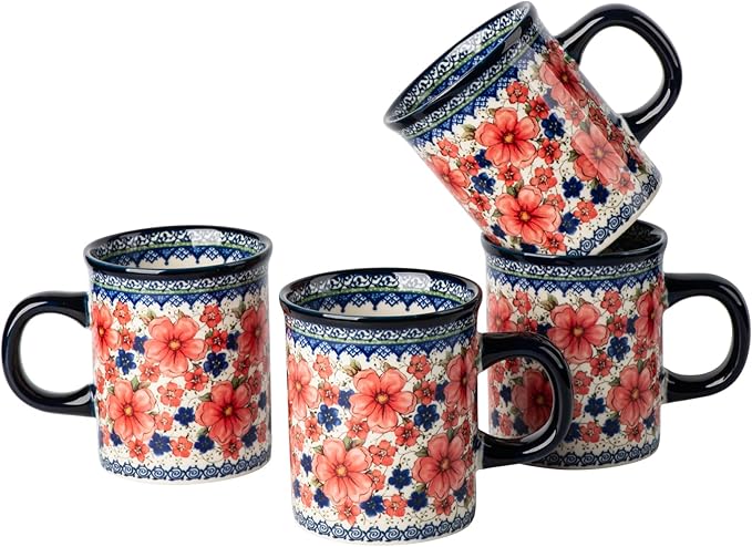 Ceramic Latte Mug Set of 4, 15.5oz Hand Painted Porcelain Coffee Cups With Handle for Tea/Milk/Cocoa - Modern Retro Design For Any Kitchen. Microwave and Dishwash Safe (Snow and Plum)