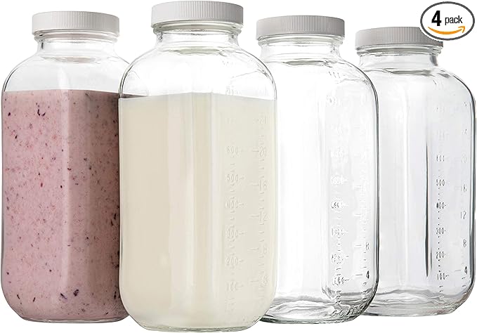 kitchentoolz 32 oz Square Glass Bottles with Plastic Airtight Lids – 4 Pack for Milk, Smoothies, Water, Kombucha, and Broth Storage