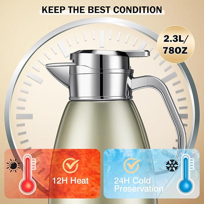 Tioncy 2 Pcs Thermal Coffee 78oz Insulated Carafe Hot Water Dispenser Stainless Steel Carafe for Hot Liquid Coffee Tea Milk with 2 Brushes Keep 12 Hours Hot 24 Hours Cold(Gold)