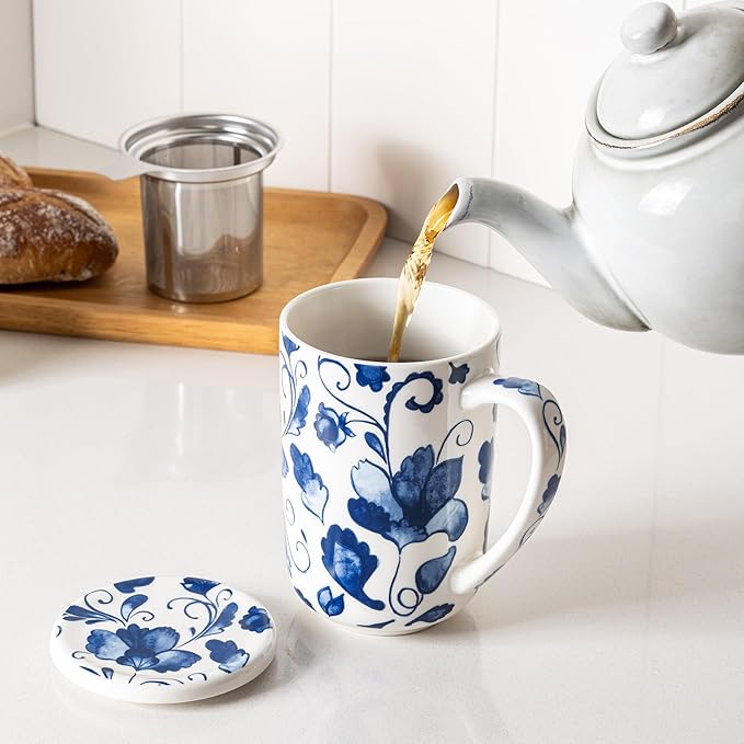 GBhome Tea Mug with Infuser and Lid, 18 Ounce Large Ceramic Loose Leaf Cup, Microwave, Dishwasher Safe