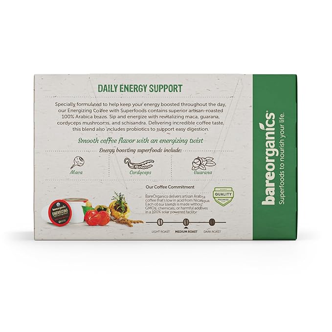 Energizing Organic Coffee Pods – Medium Roast with Superfoods & Probiotics – Infused with Maca, Guarana, Cordyceps Mushroom Extract, Schisandra – Vegan, Gluten-Free - 10 Recyclable Single Serve K-Cups - 6 Pack