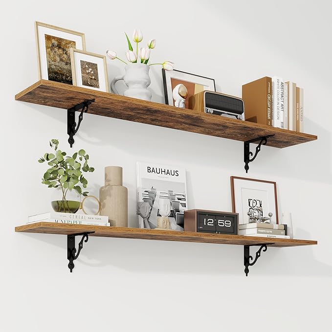 RICHFOCUS Floating Shelves for Wall Decor, 47.3W x 8D Shelves Set of 2, 8 Inch Deep Rustic Wood Shelf Wall Mounted with Brackets, Long Shelves for Living Room Bedroom Kitchen, Rustic Brown