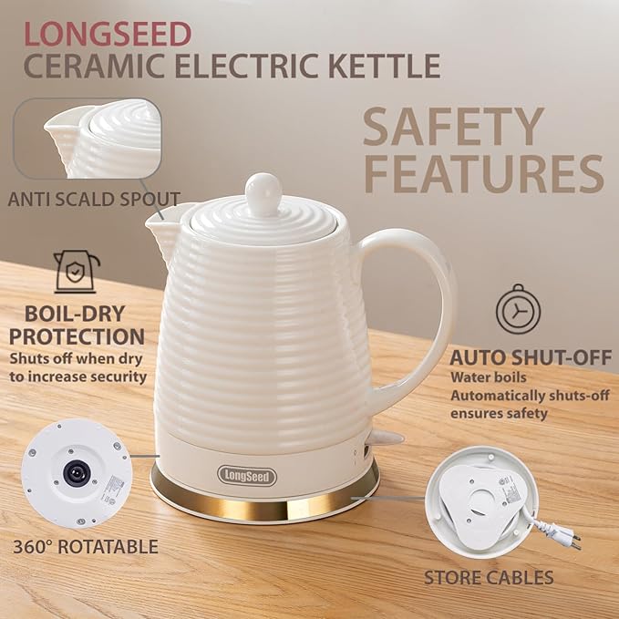 1.26 Quarts Ceramic Electric Kettle with Infuser & Cups Kit, Boil Water Teapot, Boil-Dry Protection Auto Shut-off, Detachable Swivel Base, 1000W Fast Boiling for Tea and Coffee