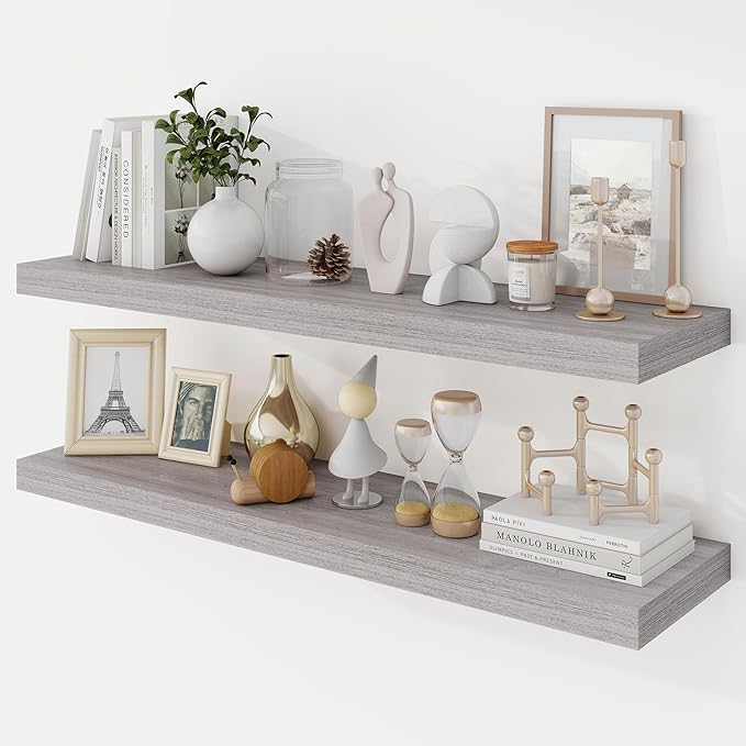 36 Inch Floating Shelves, 9.3" Deep Floating Shelf Wall Mounted, 36" Wall Shelves, Rustic Deep Bookshelf, Large Display Shelves & Storage Shelves for Bedroom, Living Room, Gray, Set of 2