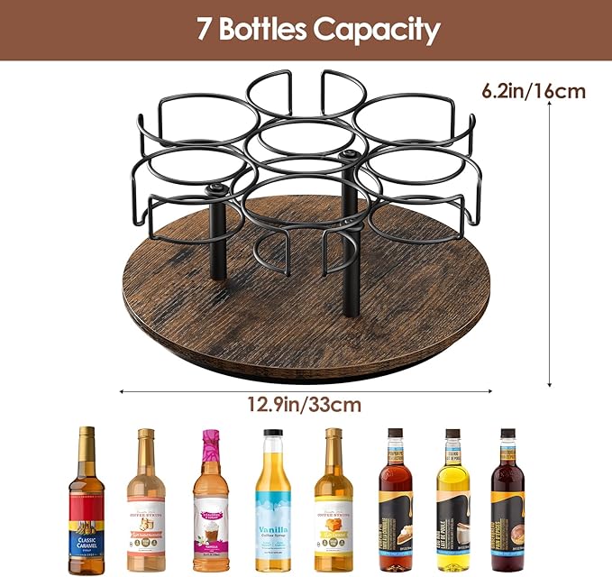 Rotating Coffee Syrup Organizer, 7 Bottles Coffee Syrup Rack for Countertop Syrup Bottle Holder Stand for Coffee Bar Station, Carbon Steel Frame with Wooden Base Coffee Bar Accessory, Black