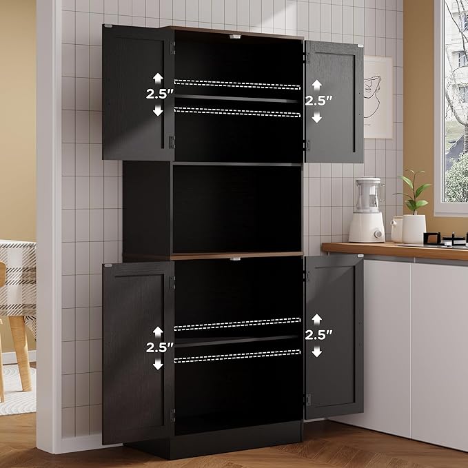 MHOM 71" Tall Pantry Cabinet with Charging Station, Farmhouse Kitchen Hutch with Adjustable Shelves, Modern Kitchen Pantry Storage Cabinet for Dinning Room & Living Room, Antique Black