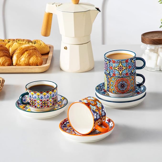 vancasso 4 Oz Stackable Espresso Cups with Saucers and Metal Stand Set of 4,Bohemian Ceramic Cappuccino Cups - Microwave and Dishwasher Safe, Perfect For Tea, Espresso, Latte, Cafe-02