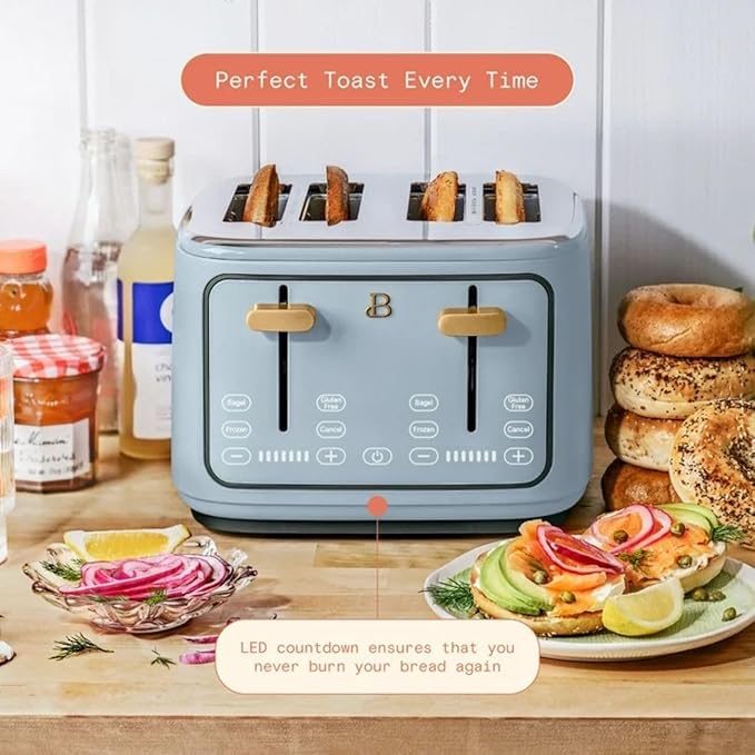 Beautiful 4 Slices Toaster - 7 Shade Settings, Touch Display, Extra-Wide Slots for Bagels, Gluten-Free & Frozen Presets, LED Countdown, Removable Crumb Tray, 1800-watt toasting (Cornflower Blue)