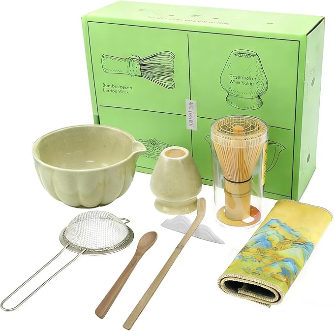 Matcha Whisk Set, 8 Piece Japanese Matcha Making Kit with Ceremony Set with Sifter, Bowl, Holder, Whisk, Scoop for Traditional Tea Ceremony, Ideal Gift for Home & Kitchen