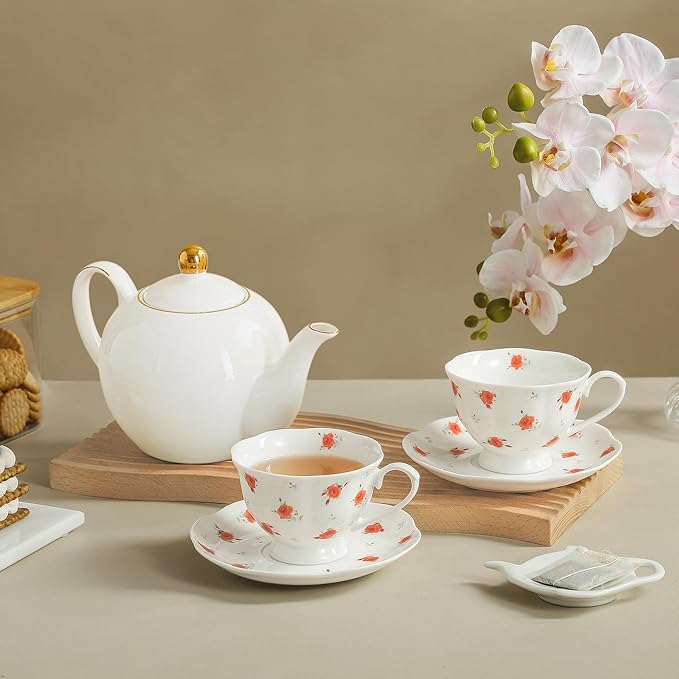 12-Piece Porcelain Tea Cup Set, 6 Cups & 6 Saucers with Classic Rose Pattern, Ceramic 6oz Scalloped Cups, Dishwasher & Microwave Safe