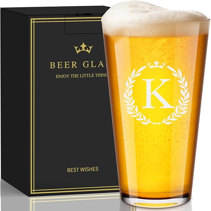 Personalized Beer Glasses Gifts for Men, 16 oz Pint Glasses Monogrammed A-Z Drinking Glass Cups Customized Gift, Unique Christmas Anniversary Birthday Gifts for Men Him Dad Brother Husband Grandpa (K)