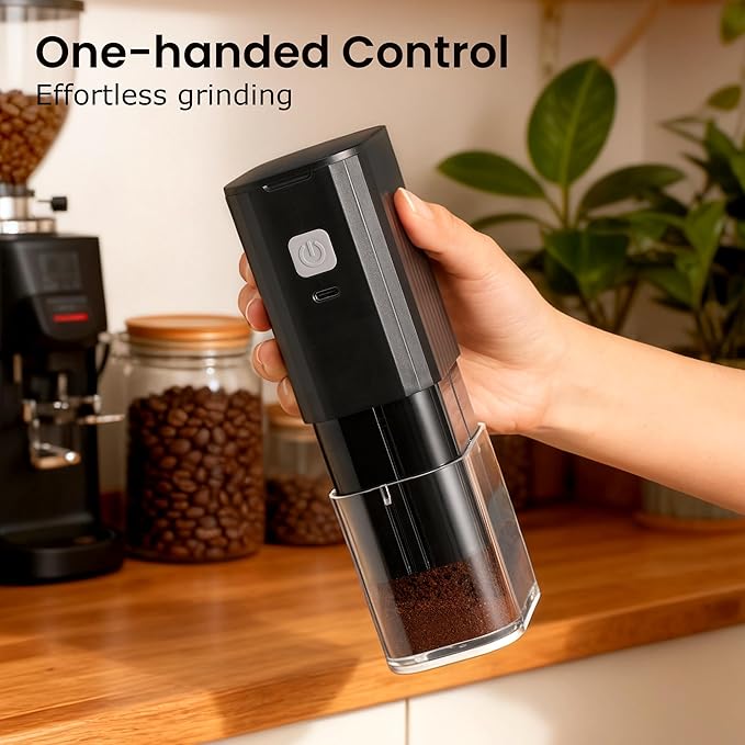 VEVOK CHEF Portable Mini Electric Coffee Grinder,Adjustable Stainless Steel Burr Coffee Bean Mill,One-Button Grinder with USB Rechargeable,Auto‑Stop for Espresso to French Press,for Outdoor Use(Black)