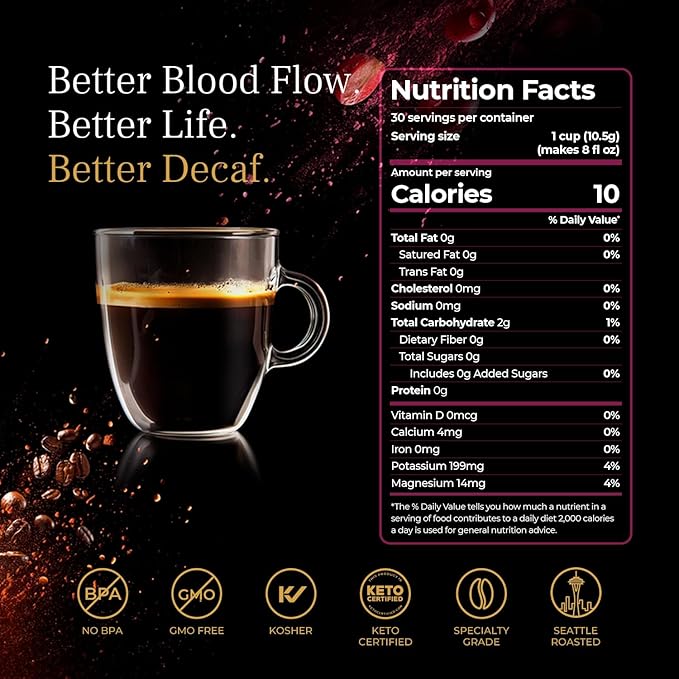 VINIA Decaf Medium Dark Roast with Red Grape Piceid Resveratrol, Nitric Oxide for Heart Health, Alertness, Physical Energy & Blood Flow Circulation. 30ct K-Cup Pods