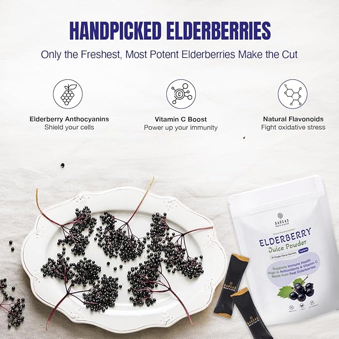 Elderberry Juice Powder| Supports Healthy Immune System, 100% Natural & Vegan | Pure Sambucus Nigra Extract | Non-GMO, Gluten-Free | No Sugar Added | Convenient Travel 30 sachets