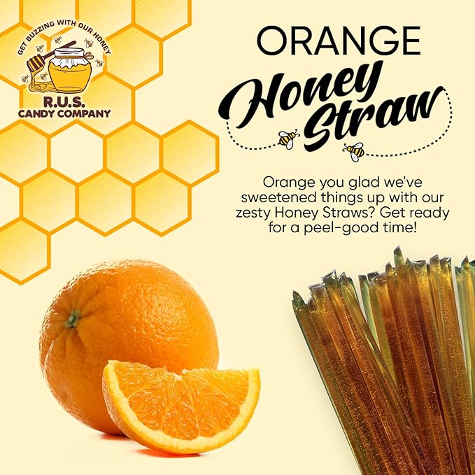 25 Pack Honey Sticks For Tea, Snacking, Honey Packets Single Serve Stir Sticks, Natural Flavor by R.U.S Candy Company- Honey Straws (Orange)