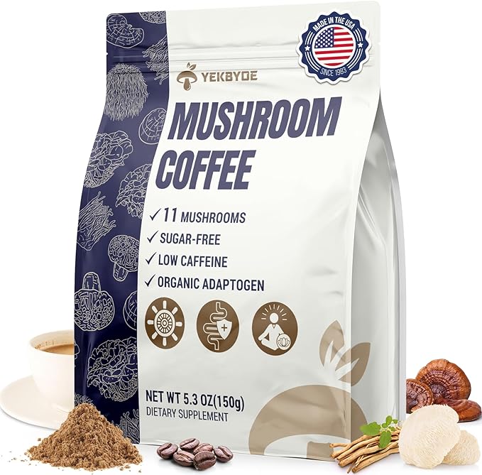 Mushroom Coffee, 11 Superfood Mushrooms includes Lion's Mane, Reishi, Chaga & Ashwagandha, Instant Mushroom Coffee Organic for Energy, Memory, Degestion & Detox, Low Caffeine & Sugar Free, 5.3oz