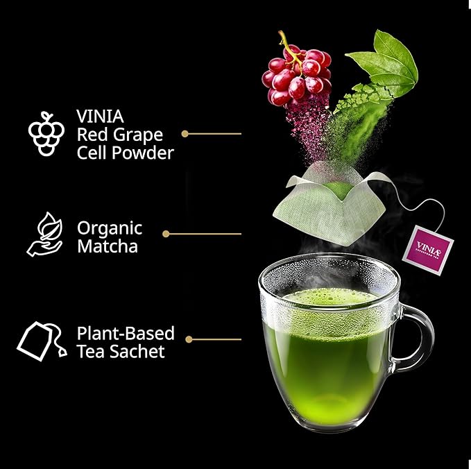 VINIA Premium Matcha + Green Tea Bags, Made with Organic Tea, Infused with Piceid Resveratrol for Heart Health, Nitric Oxide, Physical Energy, Alertness, Blood Flow, Keto, Kosher, NON-GMO. 30 Ct