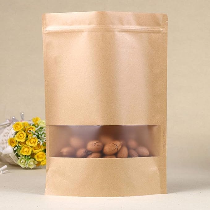 TYONMUJO 100pcs Kraft Bags with Window Zipper Lock Stand Up Bulk Pouches Resealable 5.5×7.8in