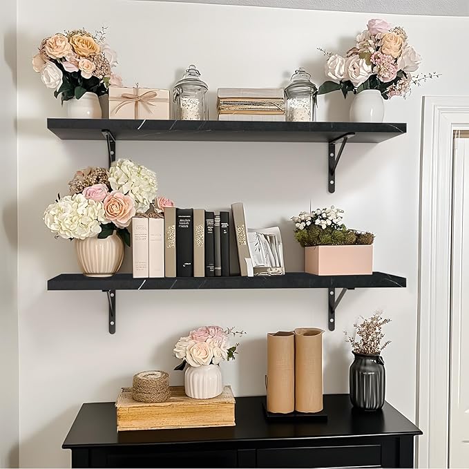 Kaboon 45 inch Long 10 inch Deep Floating Shelves for Wall Set of 2, Large Open Shelves Wall Mounted, Space Saving Home and Commercial Use, Cloud Atlas/Black Marble