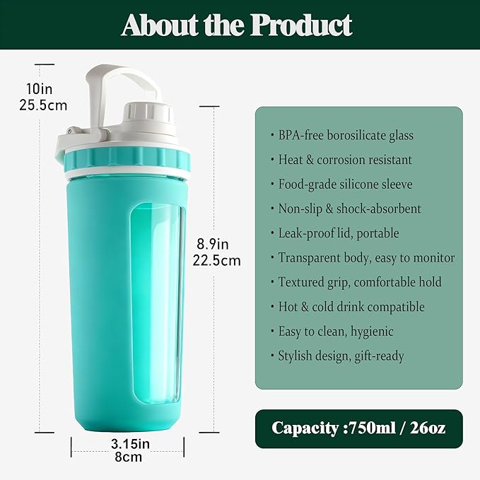 Glass Shaker Cup Odorless BPA Free– Glass Shaker Bottle for Protein 26oz Durable Borosilicate Glass, Leak-Proof & BPA-Free – Ideal for Creamy Protein Shakes, Smoothies & Workout Drinks (Mint)