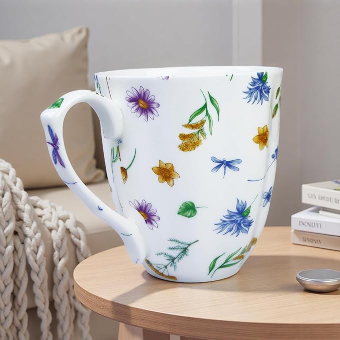 14oz Bone China Coffee Mug Floral Bone Mug Cute Coffee Mug Teacup for Women Mom Friend (flower with grass)