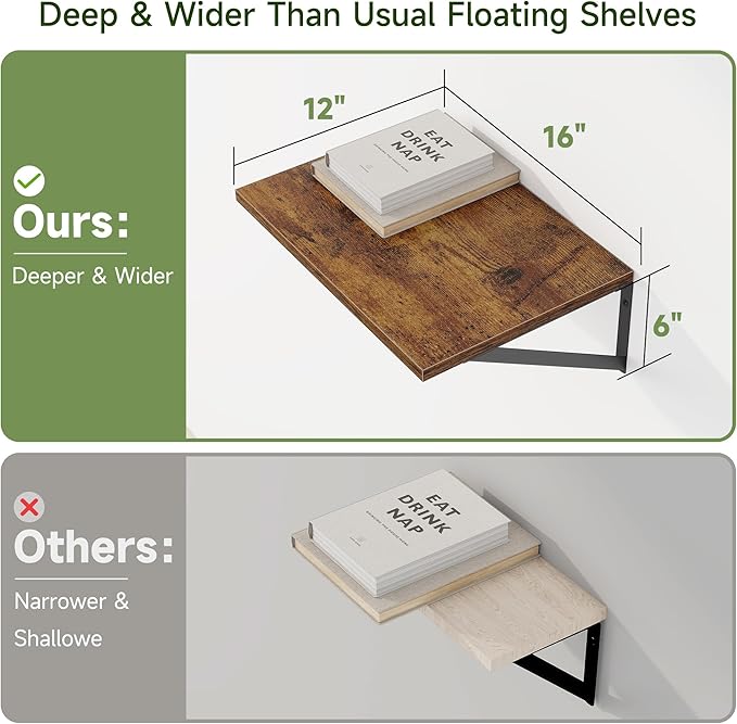 Heimlove 12 Inch Deep Floating Shelves for Wall, 16W x 12D Wide Floating Shelves Heavy Duty Wall Mounted Shelves, Wood Shelves for Living Room Bedroom Bathroom Kitchen- Set of 4