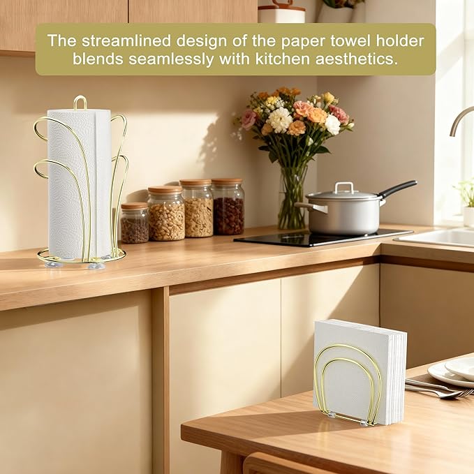 SZQINJI Paper Towel Holder Countertop, Gold Paper Towel Roll Holder with Weighted Base 4 Suction Cups and Paper Napkin Holder Set, Standing Paper Towel Holder for Kitchen Dining Table Picnic