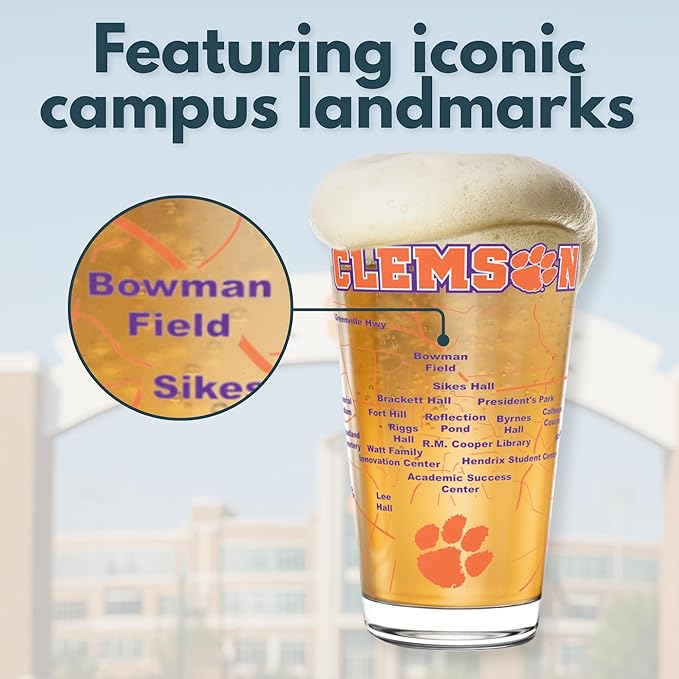 Greenline Goods – University of Clemson Tigers College Pint Beer Glasses (Set of 2), 16 oz – Full-Color Logo + Campus Map