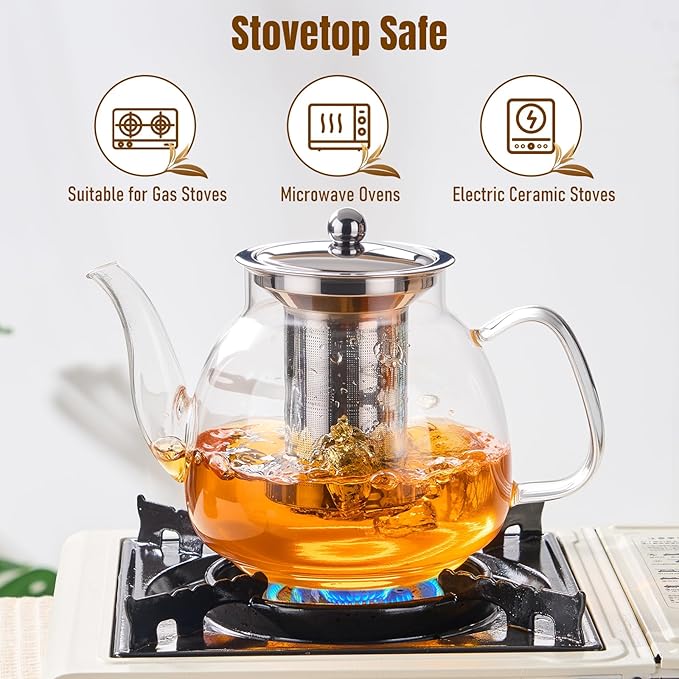 PARACITY Glass Teapot Stovetop 50 OZ/1500ml, Tea pot with Removable 18/8 Stainless Steel Infuser, Borosilicate Clear Tea Kettle, Teapot Blooming and Loose Leaf Tea Maker Tea Brewer for Camping, Travel