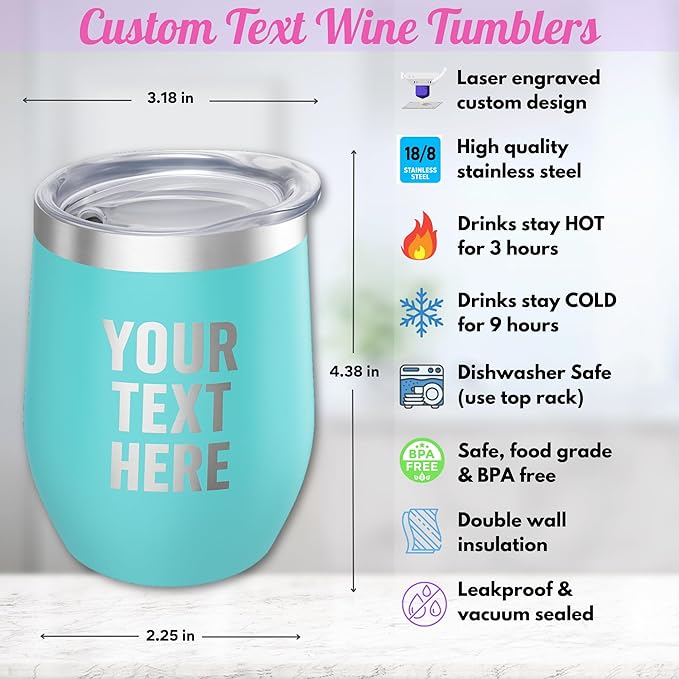 Gifts Inscribed Personalized Wine Tumbler with Lid – Teal Custom Text Engraved Stainless Steel Insulated Mug for Hot & Cold Drinks – Customized Bridesmaid, Wedding, or Birthday Gift
