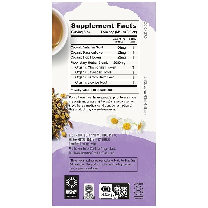 Numi Organic Tea Sweet Slumber with Chamomile, Valerian Root & Lavender, 16 Count Box of Tea Bags (Pack of 3) Herbal Teasan (Packaging May Vary)