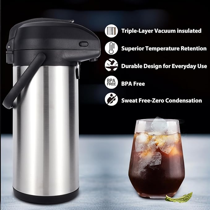 Heritage66 3L Airpot Thermal Coffee Carafe with Cleaning Brush, Triple Wall Vacuum Insulated Stainless Steel Coffee Dispenser, 101oz Pump Pot for Hot & Cold Drinks