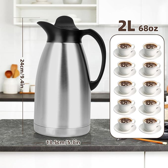 ShineMe 68Oz(2L) Coffee Carafes for Keeping Hot, Double Walled Vacuum Stainless Steel Coffee Urn, Insulated Hot Water & Coffee Dispenser with Airtight Lid, 12H Heat/24H Cold Retention