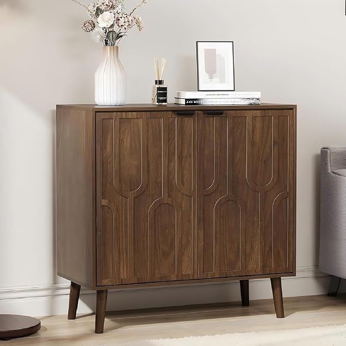 Walnut Buffet Cabinet, Sideboard Cabinet with Storage Fluted Doors, Farmhouse Coffee Bar Table for Kitchen, Living Room, Entryway