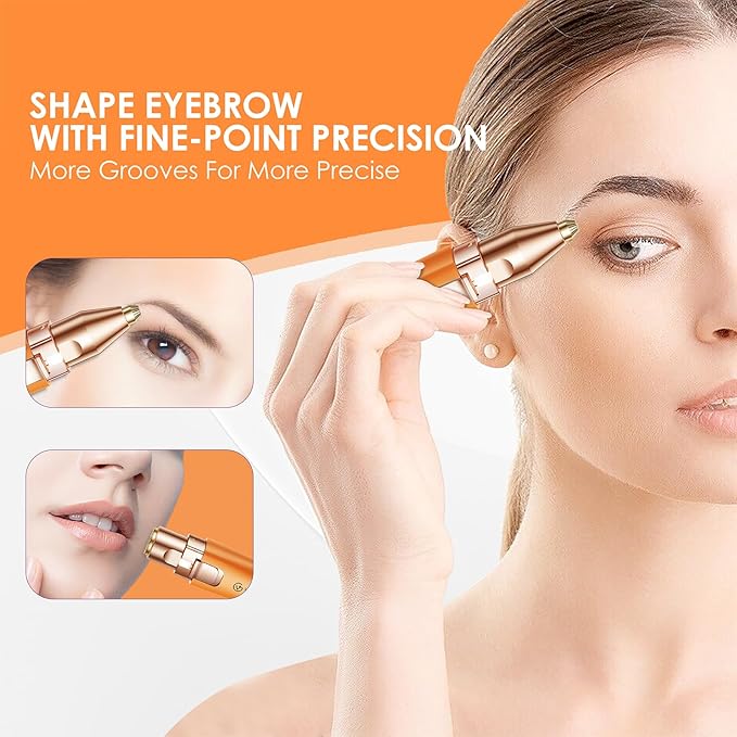 VG VOGCREST Eyebrow Facial Trimmer: 2 in1 Rechargeable Facial Hair Removal and Eyebrow Shaver - Face Lips Body Painless Razor with Built-in LED Light (Orange)