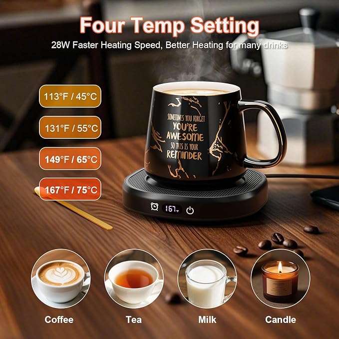 Coffee Mug Warmer, You are Awesome Mug with Coffee Warmer Set, Electric Coffee Cup Warmer for Desk 8H Auto Shut Off, Tea Beverage Warmer with 4 Temperature Setting, Birthday Christmas Women Man Gifts
